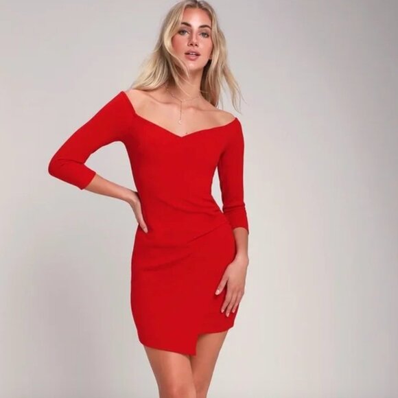 Lulu's Red Asymmetrical Off-the-Shoulder Dress - Picture 1 of 3